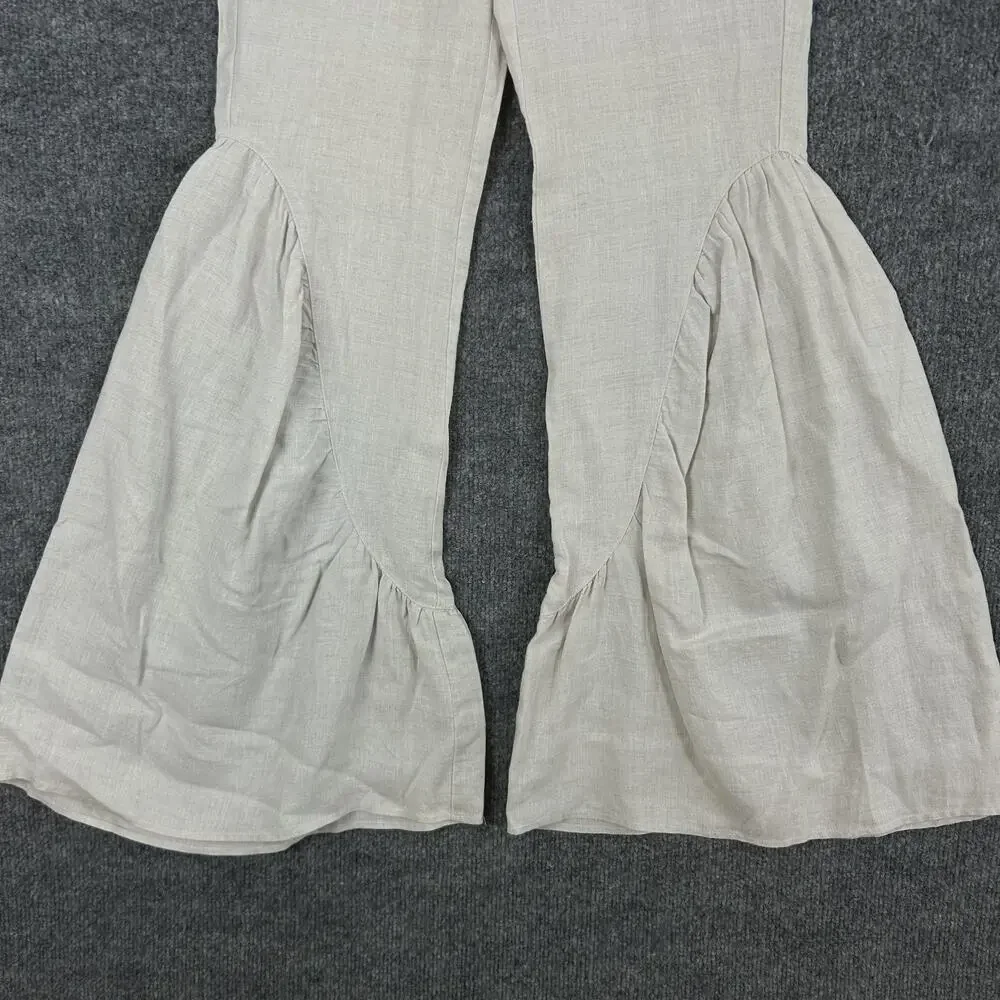 Lanhtropy Pants XS Gypsy Linen Denim Flare Ruffle High Waist Beige Boho Hippie - Picture 3 of 13